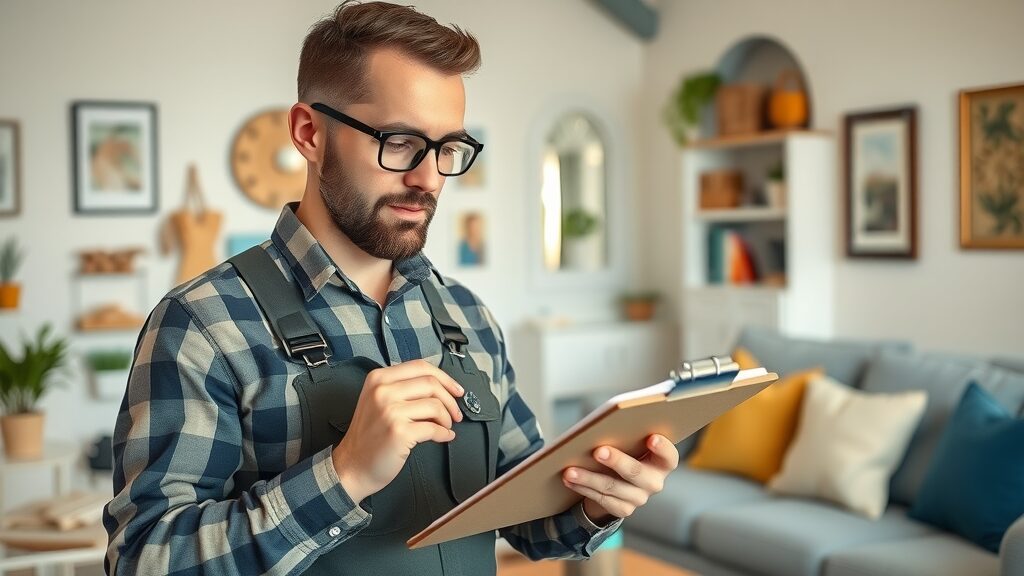 affordable handyman eustis reviewing to-do list with clipboard in a bright, organized Eustis living room