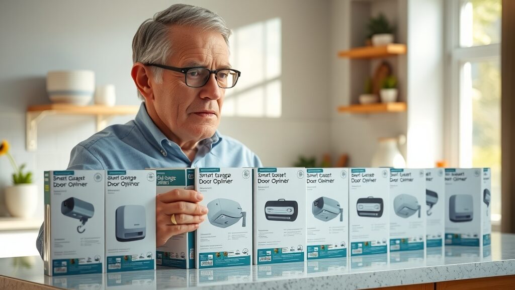 well-organized product comparison of smart garage door openers, evaluating features for smart garage door systems