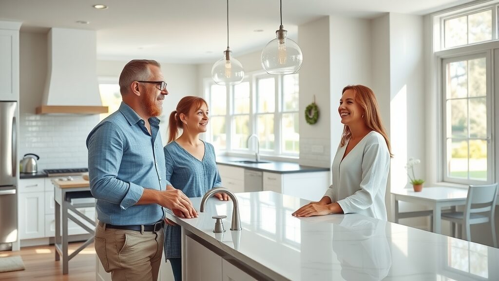 Elegant modern Eustis kitchen with satisfied homeowners admiring quartz countertops and new fixtures, eustis home improvement kitchen remodeling