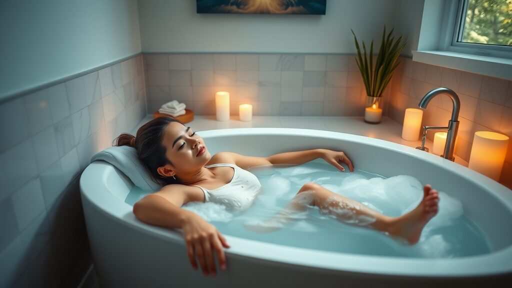 Cozy renovated Eustis bathroom with tranquil, spa-like atmosphere, featuring marble accents, mood lighting, and relaxing features for bathroom remodel
