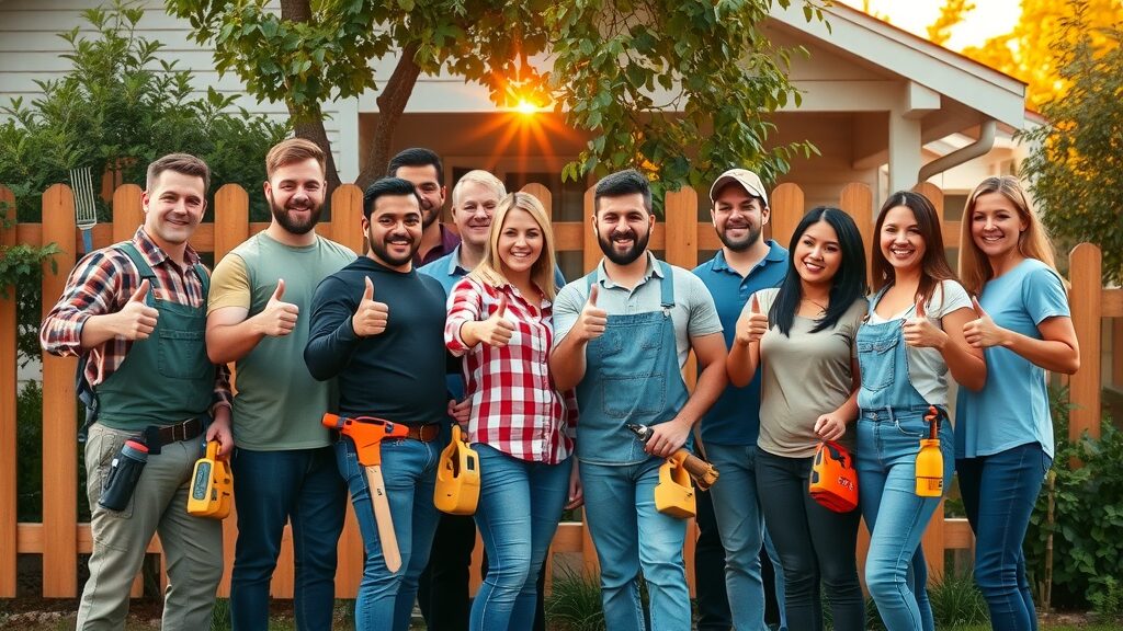 Handyman services Eustis Florida - diverse team of handyman professionals with tools outside a suburban home