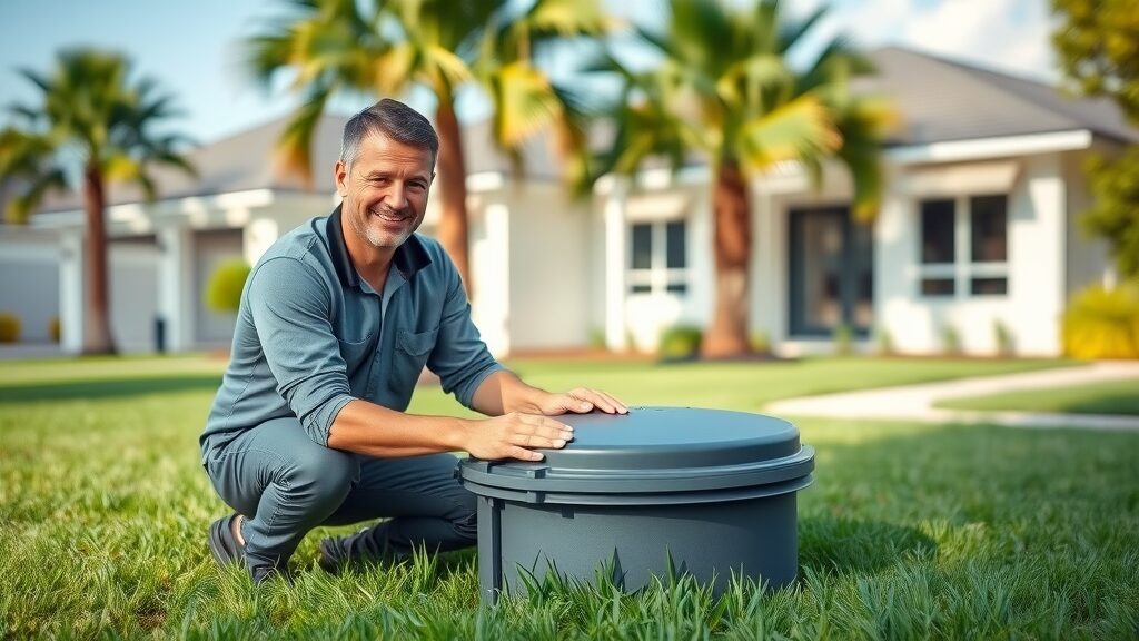 Septic system maintenance Eustis FL - professional technician inspects residential septic tank in lush, well-maintained Florida backyard