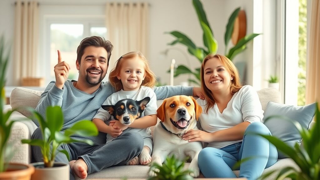happy family with dog relaxing in pest-free eustis home, lounging together on sofa, photorealistic, sunlit living room, green plants, dog-safe pest control
