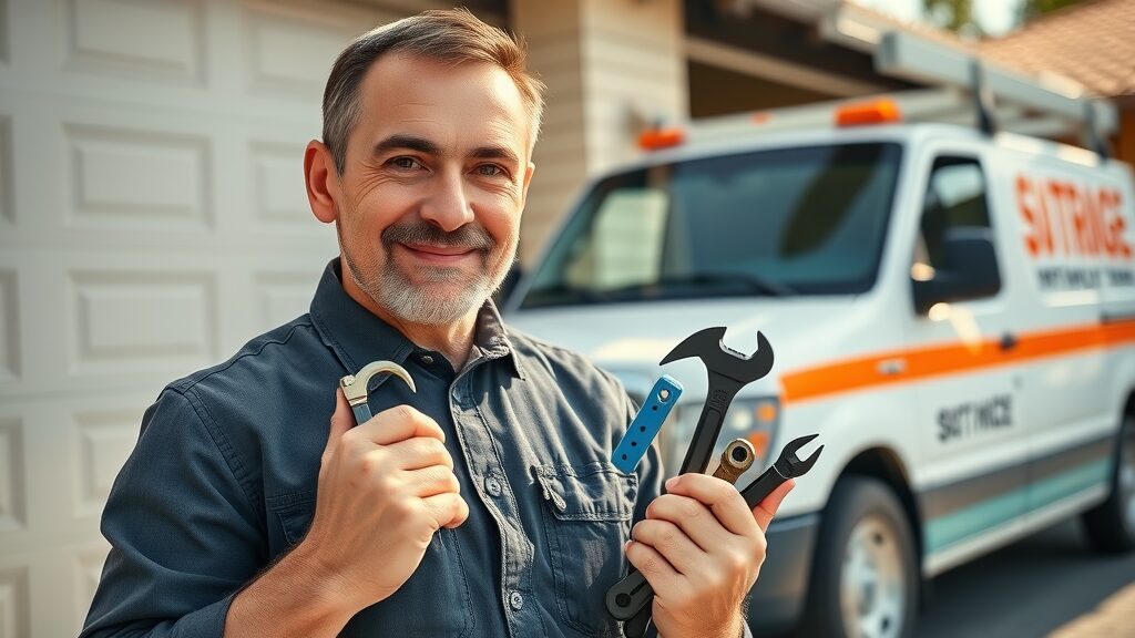 Friendly garage door expert demonstrates organized tools for garage door service in Eustis, confident posture