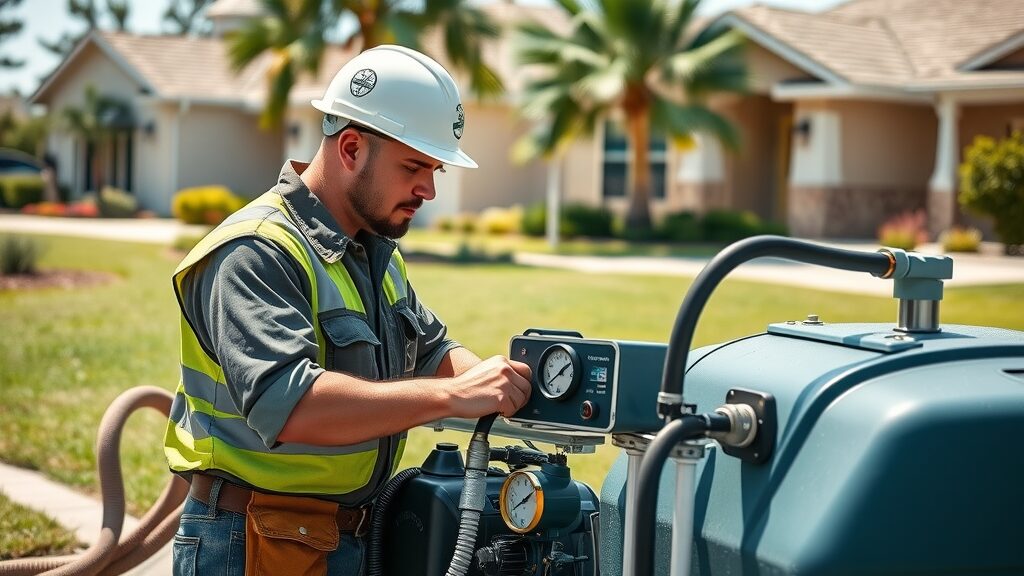 Eustis septic technician operating advanced tank pump equipment during a septic tank cleaning at a residential property.