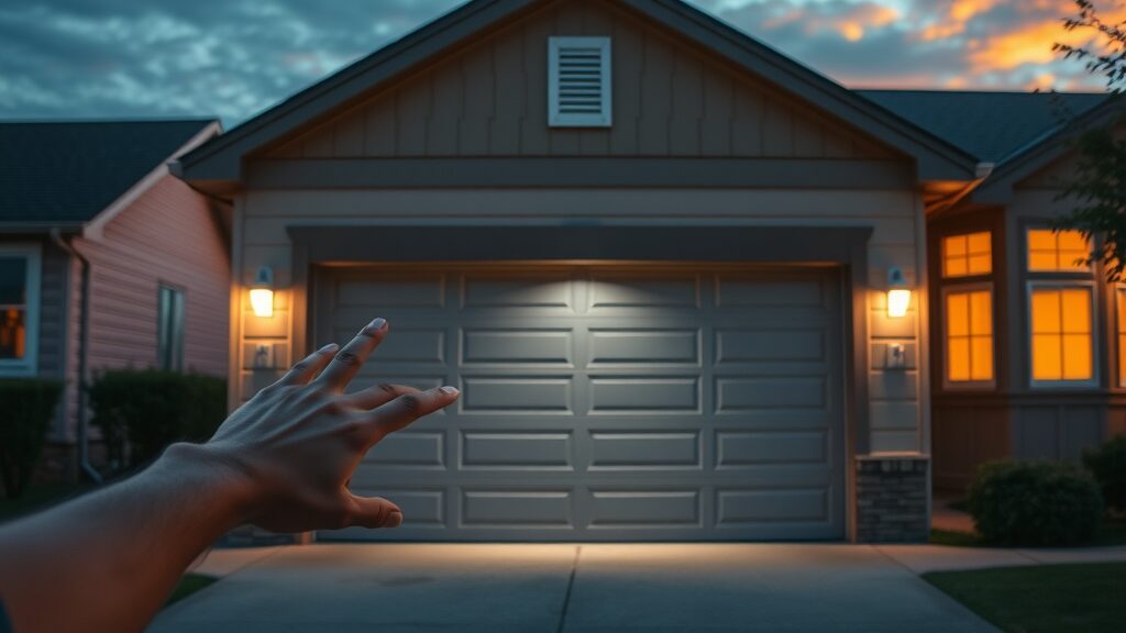 Home protected by Eustis garage door auto-close, motion sensors highlighted at sunset