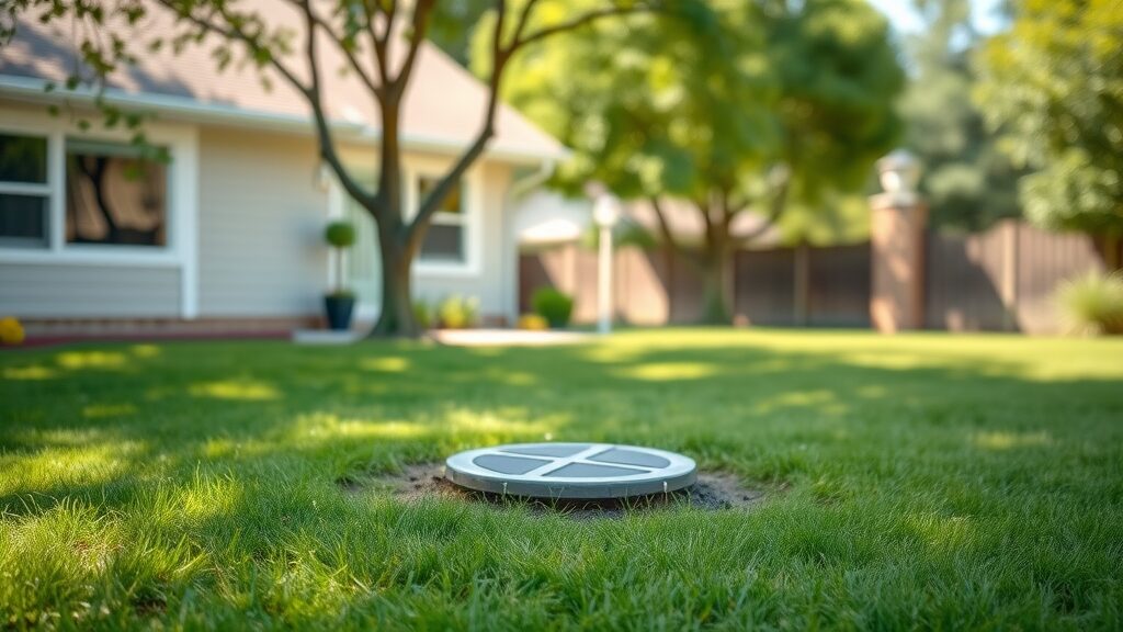 Clean suburban home with well-maintained lawn and subtle septic tank system mound