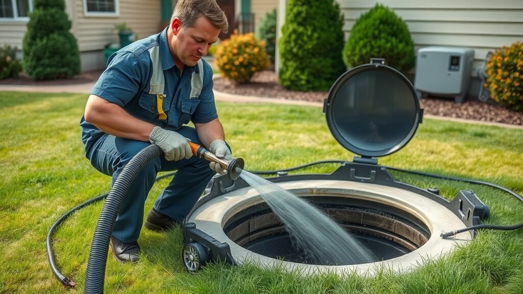 Licensed septic tank cleaning technician in Eustis using an industrial hose during tank service on a residential lawn.