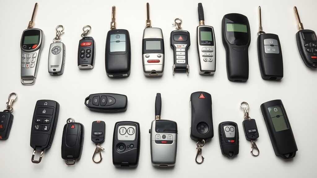 sleek array of various garage door remotes, comparison of button visor and single button remote controls, universal garage door opener remotes