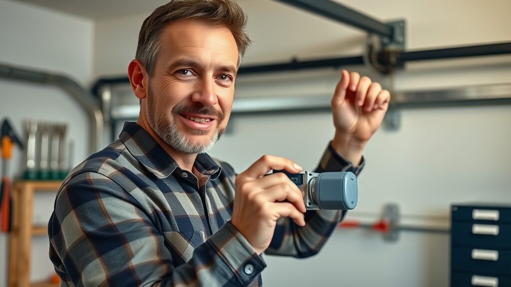 Homeowner installing Eustis garage door auto-close module in organized garage