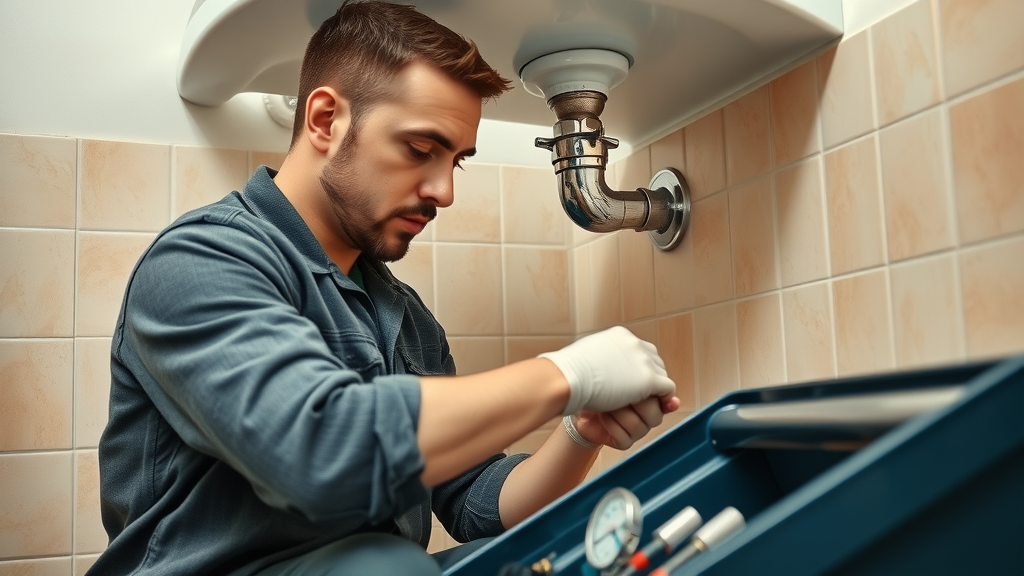 Eustis FL plumber repairing bathroom sink pipes, organized toolbox and modern tile fixtures in background