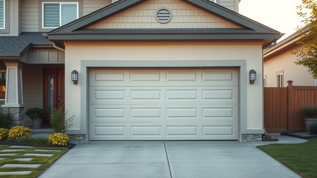 Modern suburban home with a garage door auto-close system for reinforced security, photorealistic high fidelity, garage door closing automatically, lush landscaping, driveway, and soft sunlight - garage door auto-close