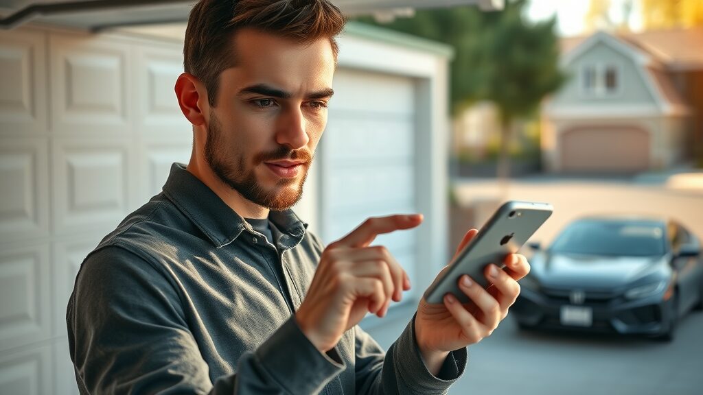 tech-savvy individual using smartphone app as a garage door opener, garage door remote control convenience
