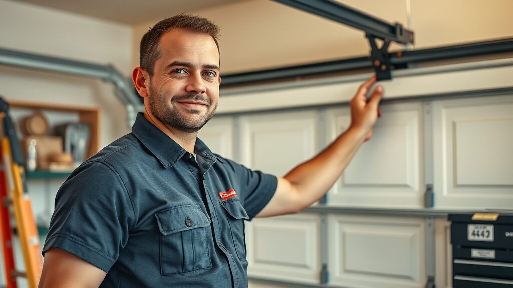 technician in uniform installing a new Eustis garage door, demonstrating professional garage door installation expertise
