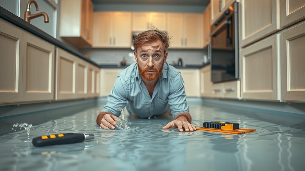 kitchen flooding urgent plumbing emergency in eustis fl with emergency plumber and water on floor, photorealistic