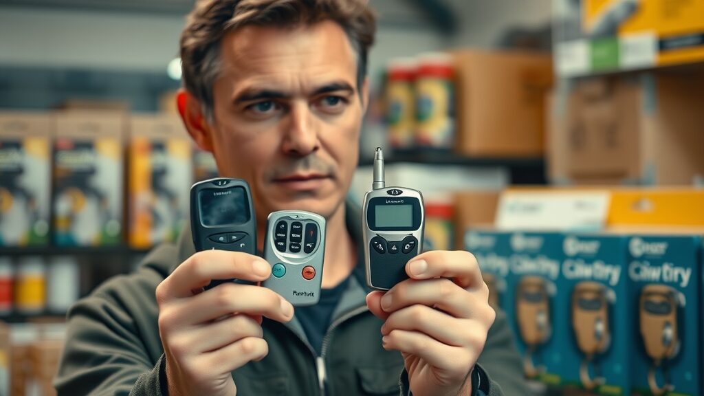 person holding two different garage door remotes, comparing remote control options for garage door opener