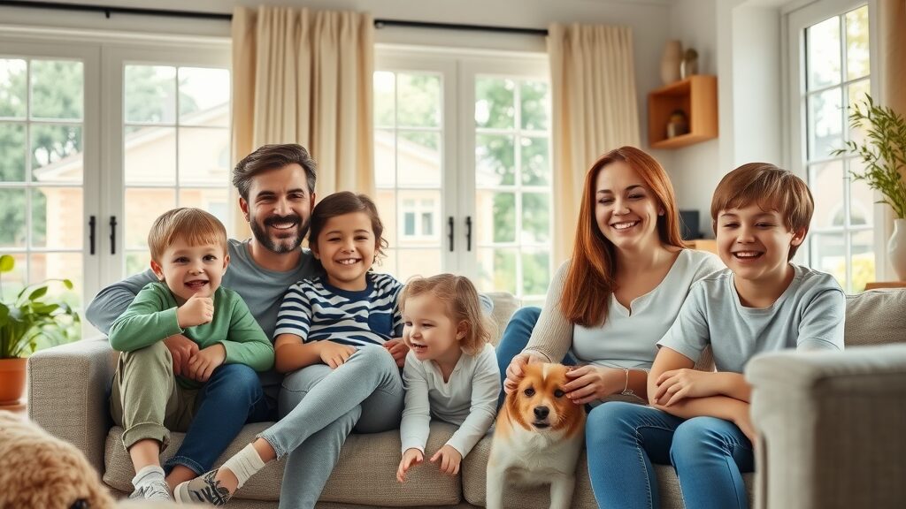 Natural pest control solutions family home interior, happy children, pet dog, pest-free, natural daylight, visible garden