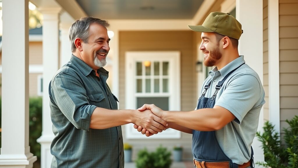 Handyman services Eustis Florida - satisfied homeowner shaking hands with trusted handyman on home porch