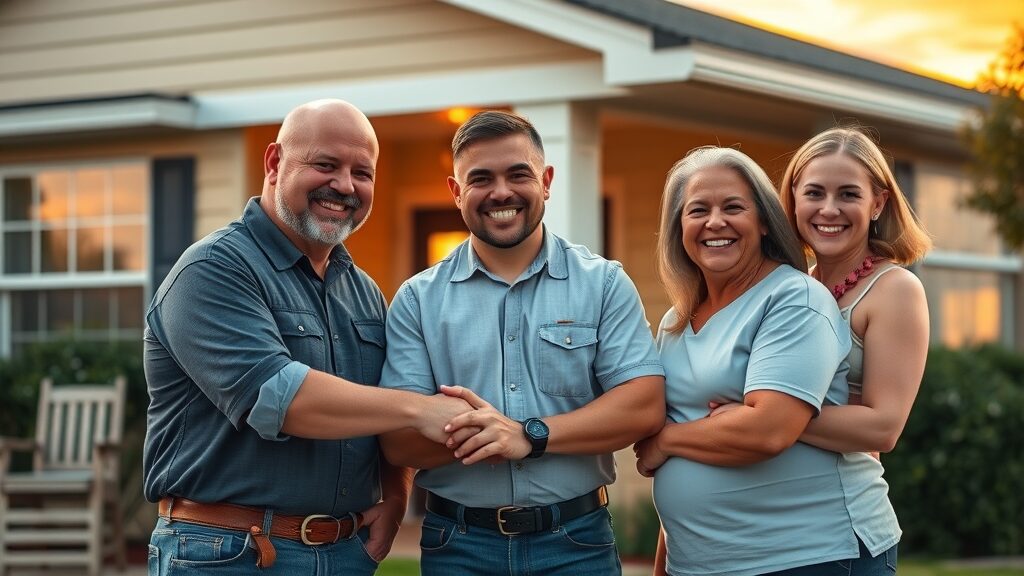 satisfied customers with emergency plumber eustis fl after successful repair at home, handshake, cheerful expressions, sunset