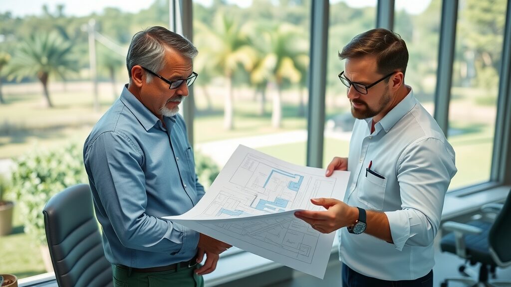 septic system design consultation eustis fl - Two professionals reviewing blueprints and 3D models for a new septic system overlooking a green Florida landscape.