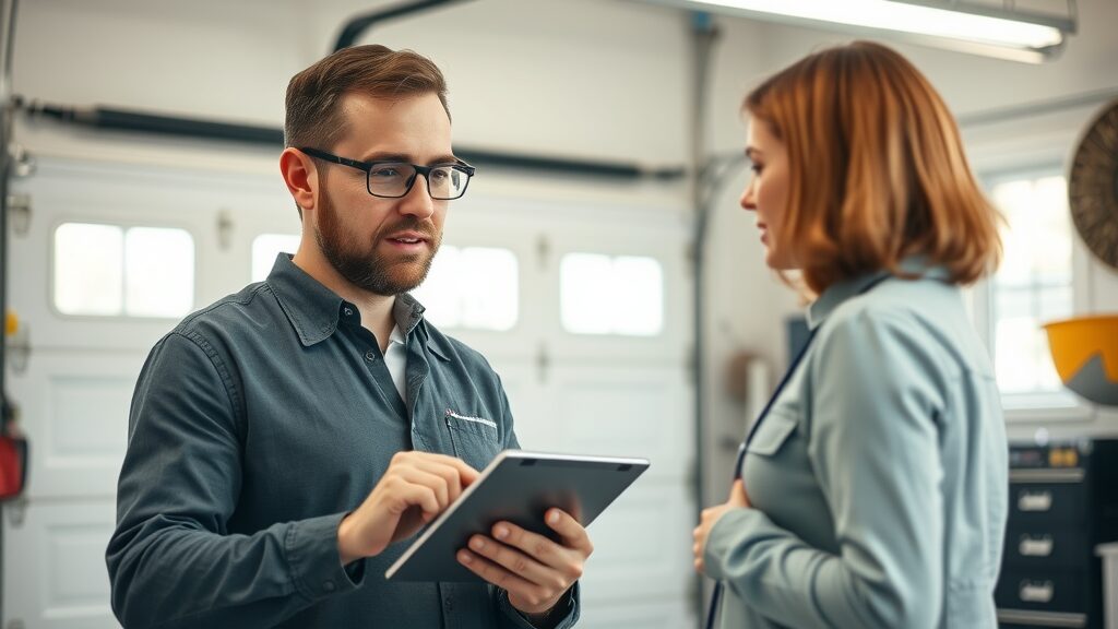 Consultant explaining garage door installation options in Eustis using tablet, home garage with bright natural light