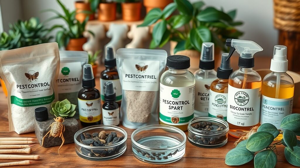 diverse pest control products such as diatomaceous earth, essential oil sprays, and biocontrol insects used for pet-friendly pest control methods, eco-friendly layout on a wooden table with safe pet toys