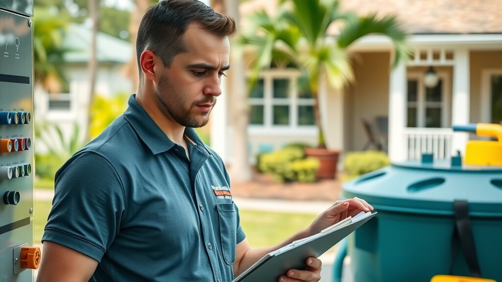 Professional technician performing system service on septic tank control panel, Florida home background, organized workspace — 24/7 septic system repair Florida.
