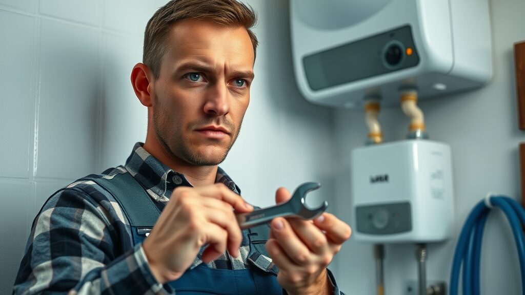 Plumber installing a tankless water heater in Eustis home, hands using wrench, clear facial features