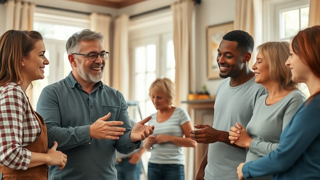 affordable handyman eustis consulting with a diverse Eustis family in a bright living room discussing home repair options