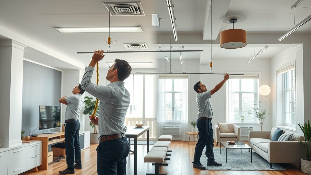 Technicians installing LED lights in residential home and commercial office, Eustis electrical installation services