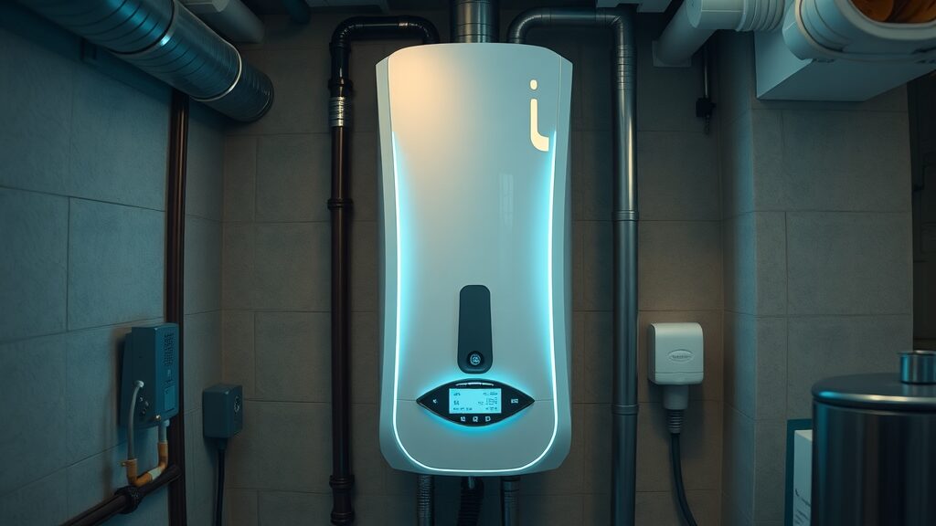Modern energy-efficient water heater with blue-green LED glow, installed by Eustis plumbing pro in home basement