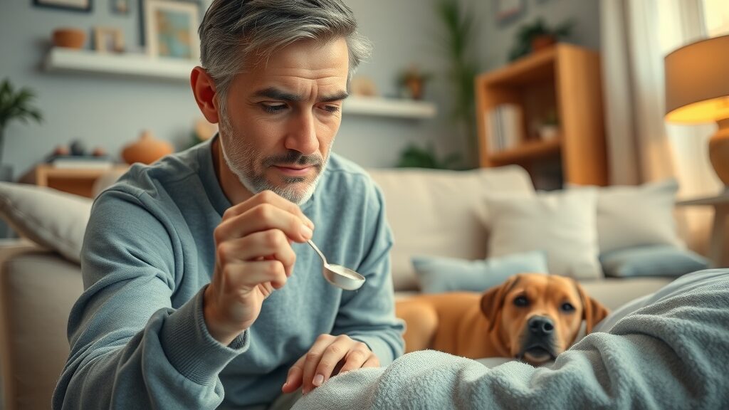 responsible pet owner applying non-toxic pest control near pet bed, focused yet gentle expression, carefully sprinkling powder, Photorealistic High Fidelity Lifelike, cozy living room with dog watching nearby, highly detailed, action of applying with measuring spoon, pastel colors, warm ambient lighting, shot with a 35mm lens. Applying non-toxic pest control for dogs at home