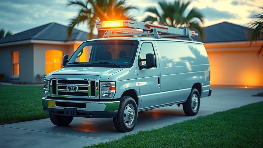 Bright, professional service truck for 24/7 septic system repair Florida, parked outside a suburban home, Florida morning setting, conveying readiness.