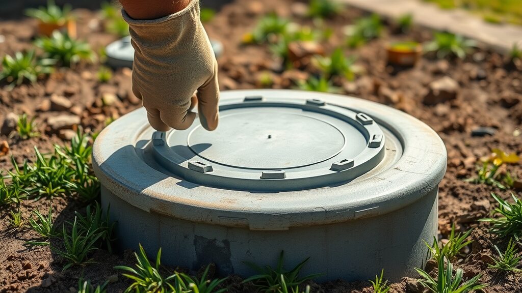 Septic system inspection in Eustis FL - technician lifts lid for septic tank maintenance checklist