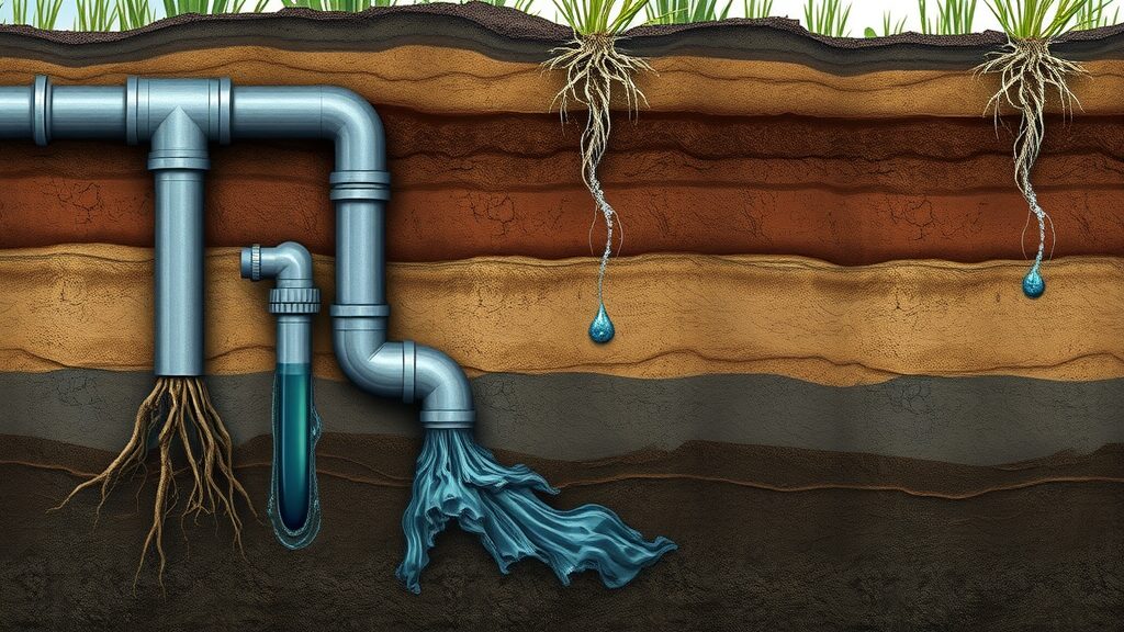Photorealistic cross-section showing damaged septic tank leaking into Eustis soil—demonstrating need for affordable septic repair Eustis