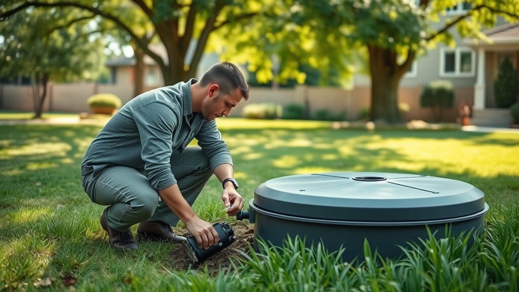 septic tank repair services eustis professional technician inspecting outdoor septic tank in a lush green suburban backyard, Photorealistic, high realism, natural green, under soft daylight