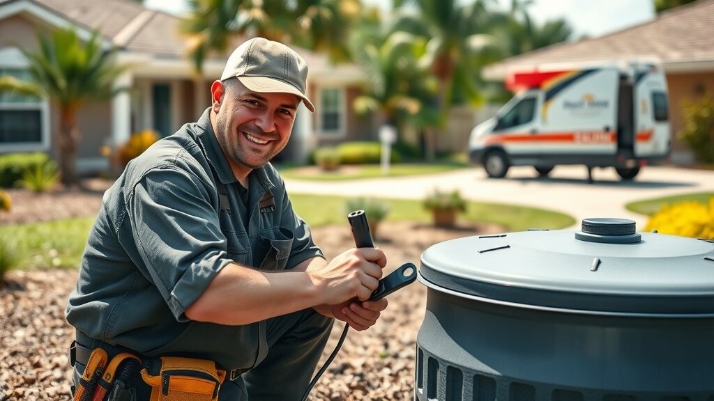 Septic system technician inspects tank in Eustis FL with tool kit, service van, and landscaped Florida backyard