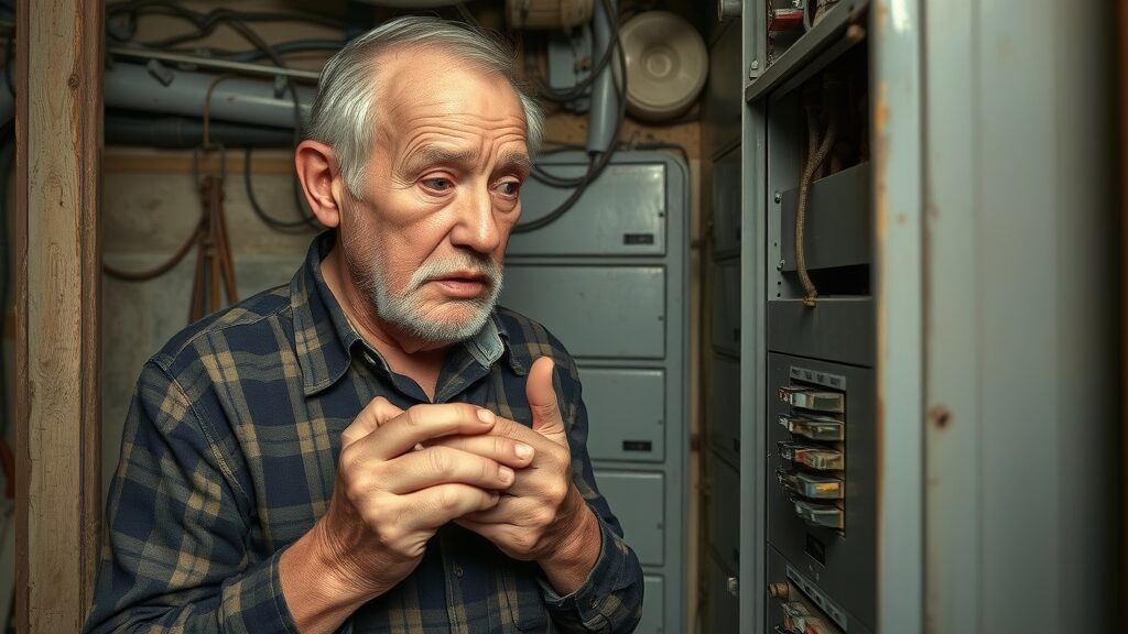Concerned elderly Eustis homeowner examining old fuse box for electrical installation safety
