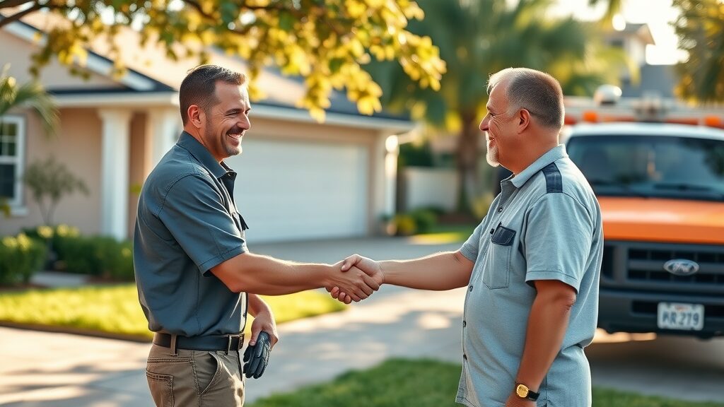 trustworthy septic repair team in Eustis shaking hands with homeowner in sunny Florida yard, Photorealistic, green and gold tones, late afternoon