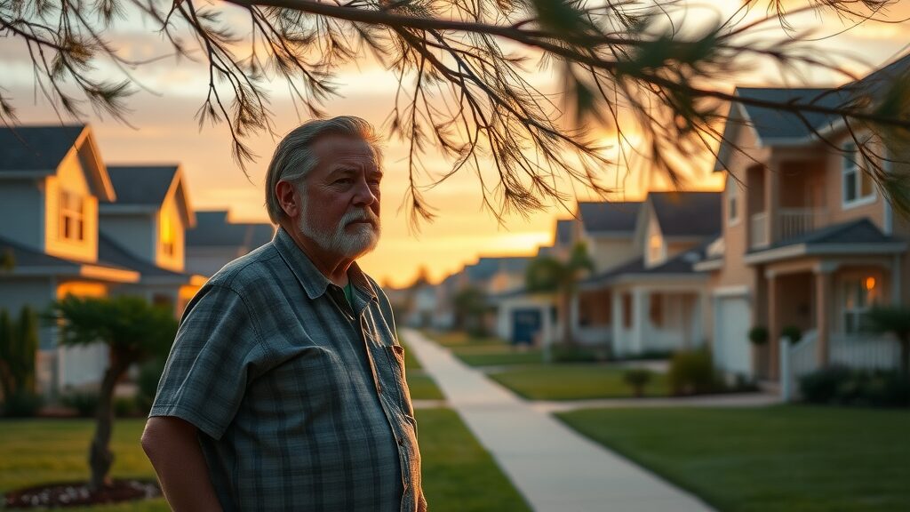 emergency handyman Eustis inspecting home exterior in Florida neighborhood at sunset, classic homes, worried homeowner, golden hour lighting