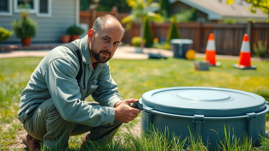 Professional technician inspecting a residential septic tank with equipment and safety cones
