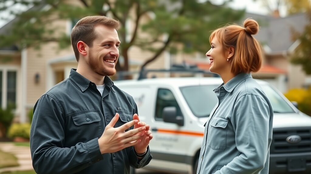 Technician and homeowner discussing septic tank service outdoors in front of suburban home