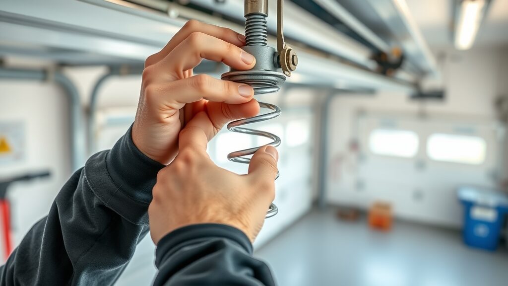Technician replacing garage door spring in Eustis, close-up shot, proper tools and focus