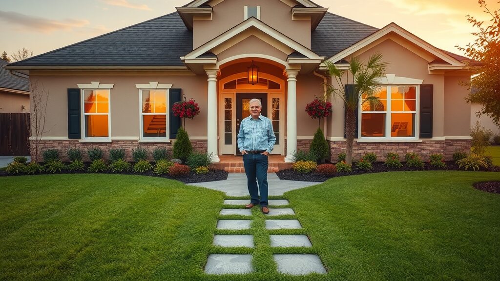 beautifully maintained Eustis property at sunset with proud homeowner