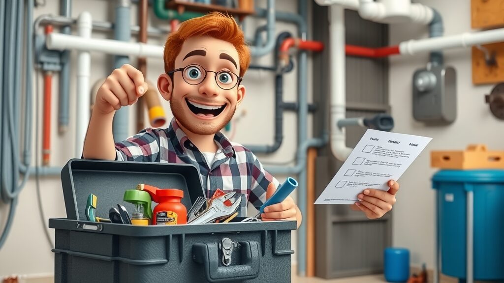 Cheerful Eustis homeowner uses checklist for plumbing maintenance with tools ready