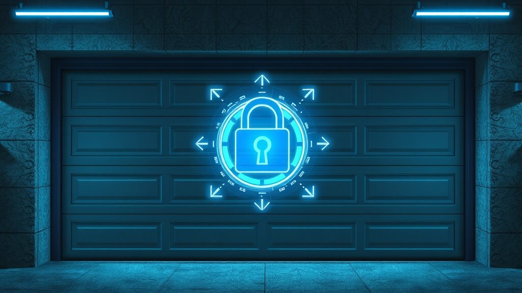 futuristic closed garage door with digital security hologram, secure garage door remote control, glowing lock, driveway