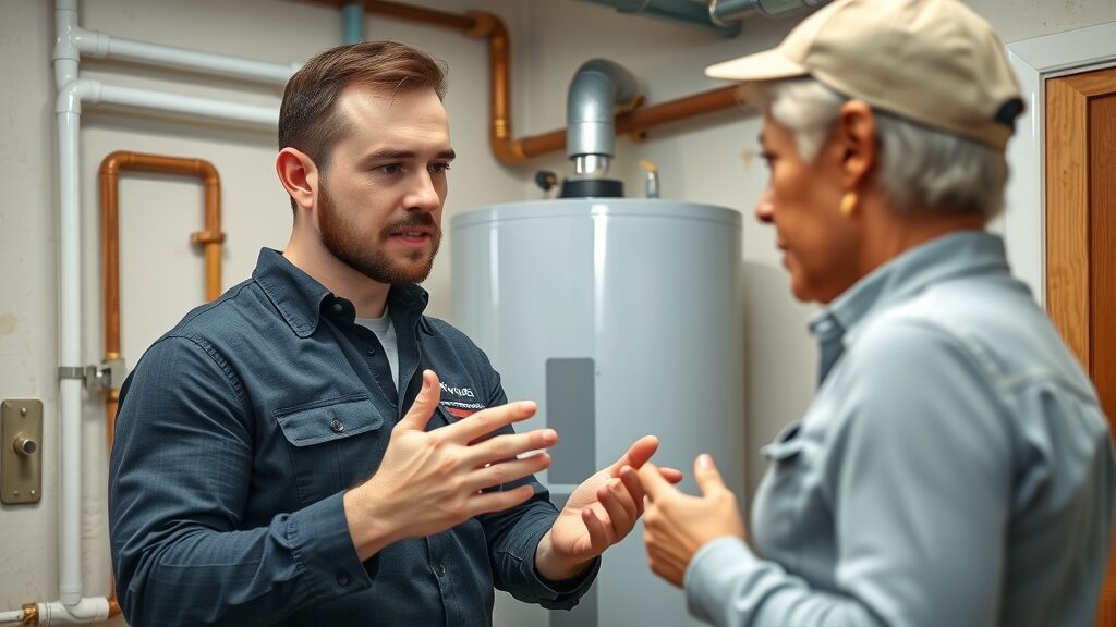 Licensed plumber in Eustis demonstrating a water heater installation to a homeowner with clear faces and hands