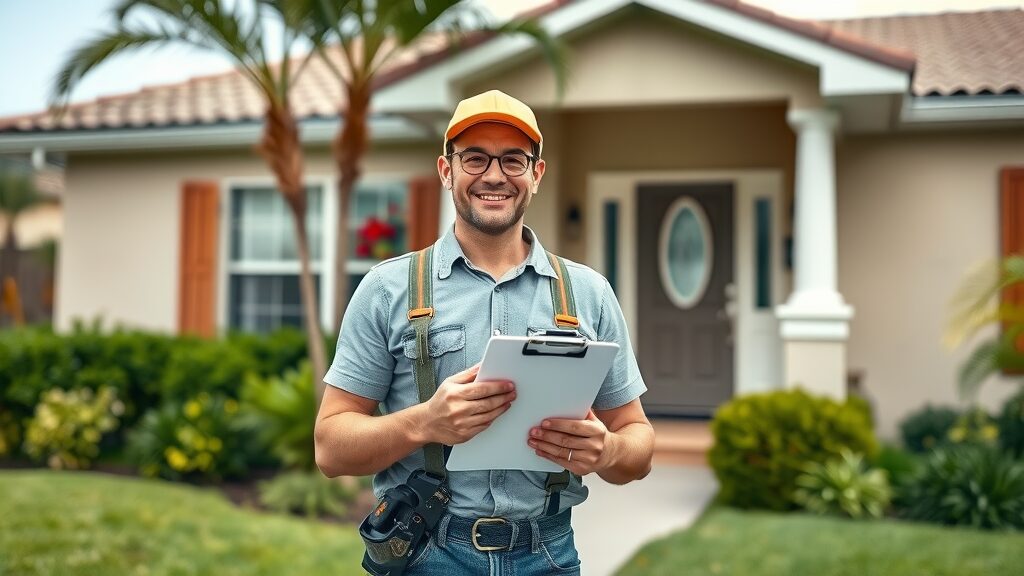 licensed handyman Eustis FL confidently holding clipboard outside a well-maintained home, lush greenery, clear sky