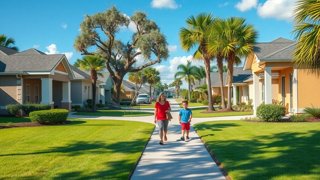inviting suburban Eustis Florida neighborhood with well-maintained lawns, home exteriors, and sunny blue sky – eustis fl pest control services