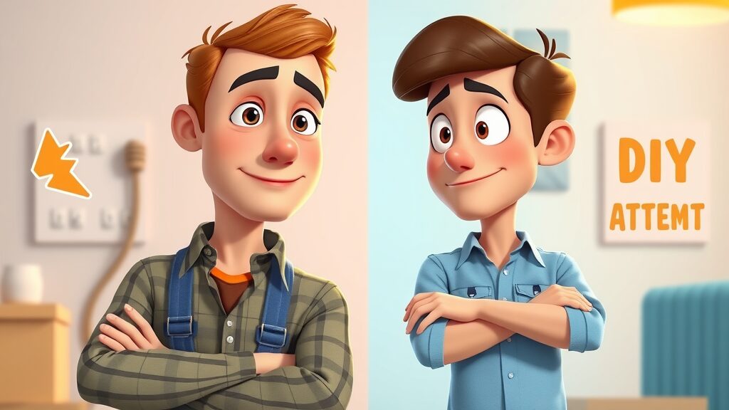 Homeowner consulting a professional for Eustis residential wiring versus DIY attempt, illustrated with professional and animated touch